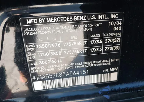 2005 Mercedes-Benz Ml 350 4Matic из США, поврежденный, VIN 4JGAB57E85A564151